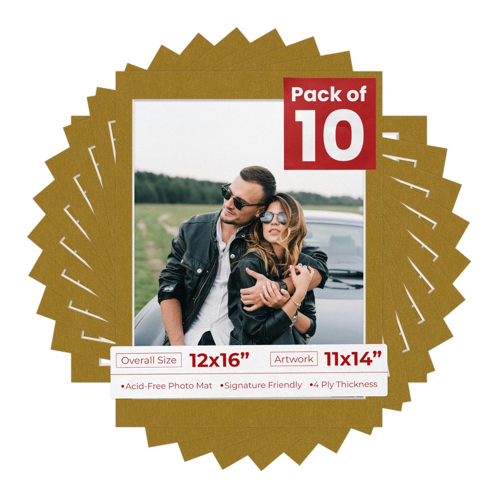 11x14 Mat for 12x16 Frame - Precut Mat Board Acid-Free Metallic Gold 11x14 Photo Matte For a 12x16 Picture Frame, Premium Matboard for Family Photos, Show Kits, Art, Picture Framing, Pack of 10 Mats