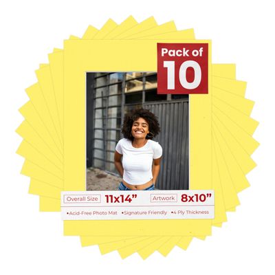 8x10 Mat for 11x14 Frame - Precut Mat Board Acid-Free Yellow 8x10 Photo Matte Made to Fit a 11x14 Picture Frame, Premium Matboard for Family Photos, Show Kits, Art, Picture Framing, Pack of 10 Mats