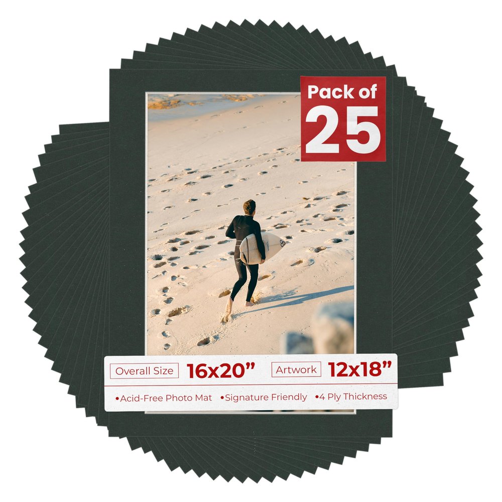 12x18 Mat for 16x20 Frame - Precut Mat Board Acid-Free Black 12x18 Photo Matte Made to Fit a 16x20 Picture Frame, Premium Matboard for Family Photos, Show Kits, Art, Picture Framing, Pack of 25 Mats