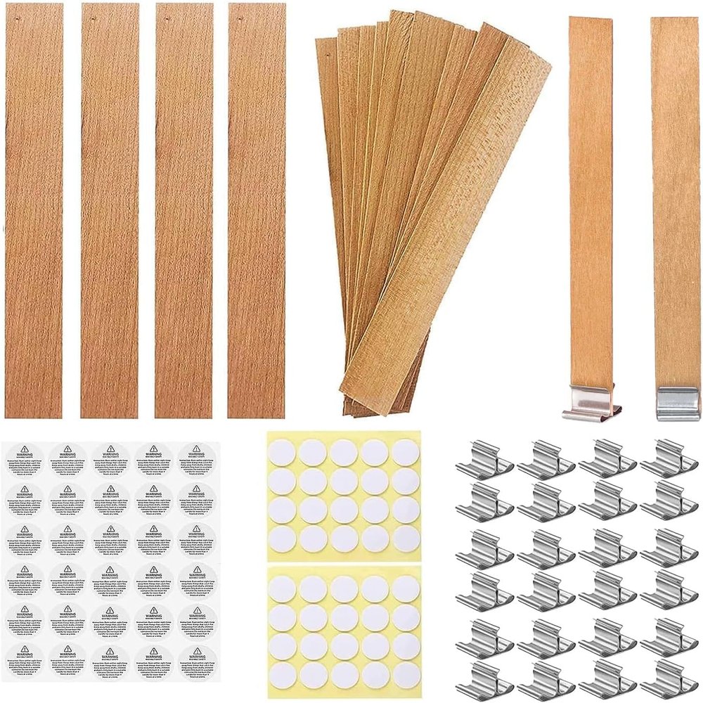 100 Pcs Smokeless Cherry Wood Candle Wicks, Long Lasting Flame, Easily Burn, Candle Cores with Stand and Glue Dot, Warning Label for DIY Candle Making