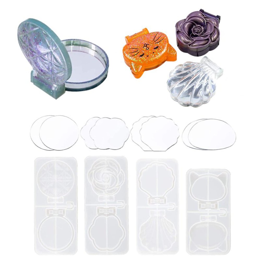 Mini Pocket Mirror Resin Molds,Double-Sided Foldable Compact Mirror Epoxy Resin Silicone Molds Jewelry Casting Seashell Cat Rose Round with Acrylic Mirrors (4PCS Mold+8PCS Mirror)