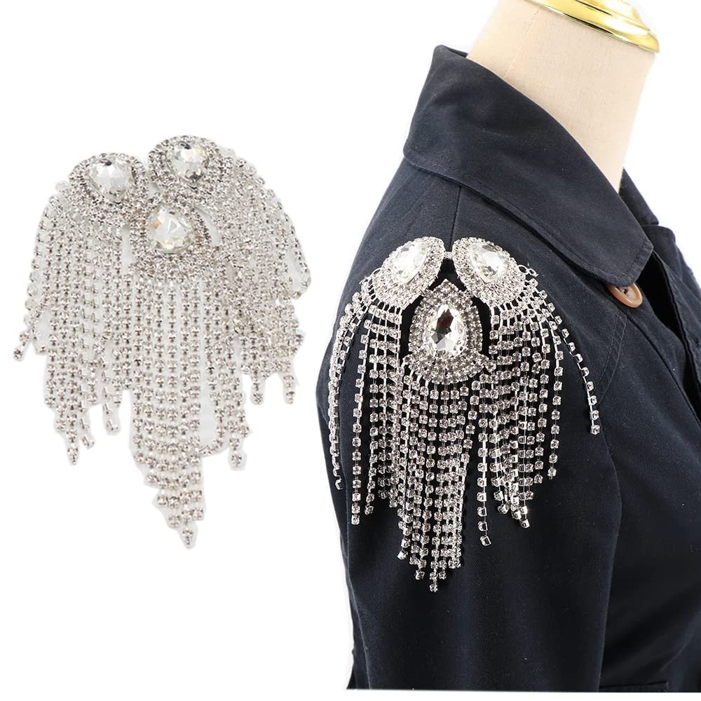 Qlavoca Crystal Fringe Shoulder Epaulette Rhinestones Appliques Stitch Patches for DIY Women Fashion Accessories 2pcs/Pack