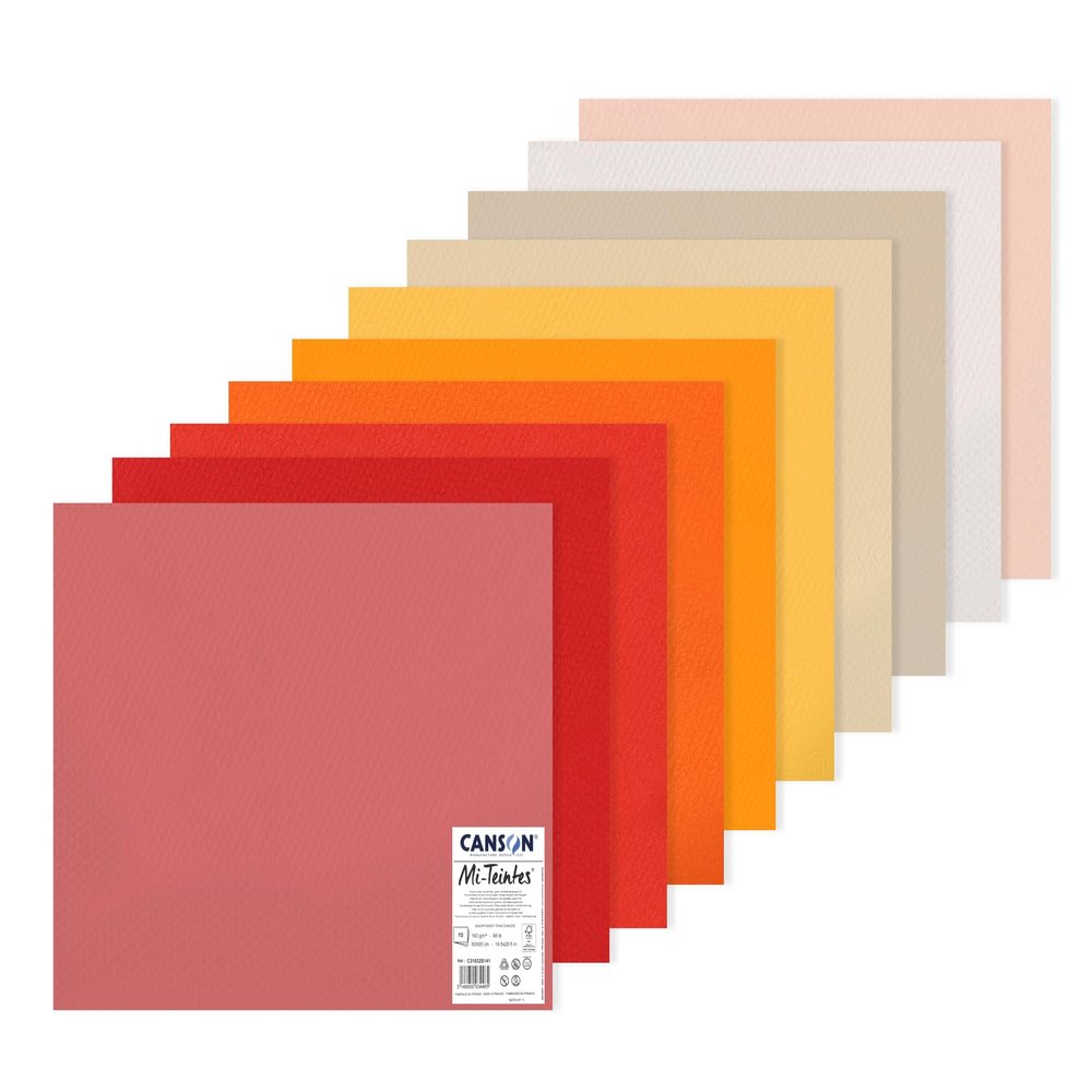 CANSON Mi-Teintes Coloured Drawing 160gsm 50x65cm Paper Pack, Double Sided: Honeycomb & Fine Grain, 10 Warm Tones Colour Sheets, Ideal for Professional Artists & Illustrators