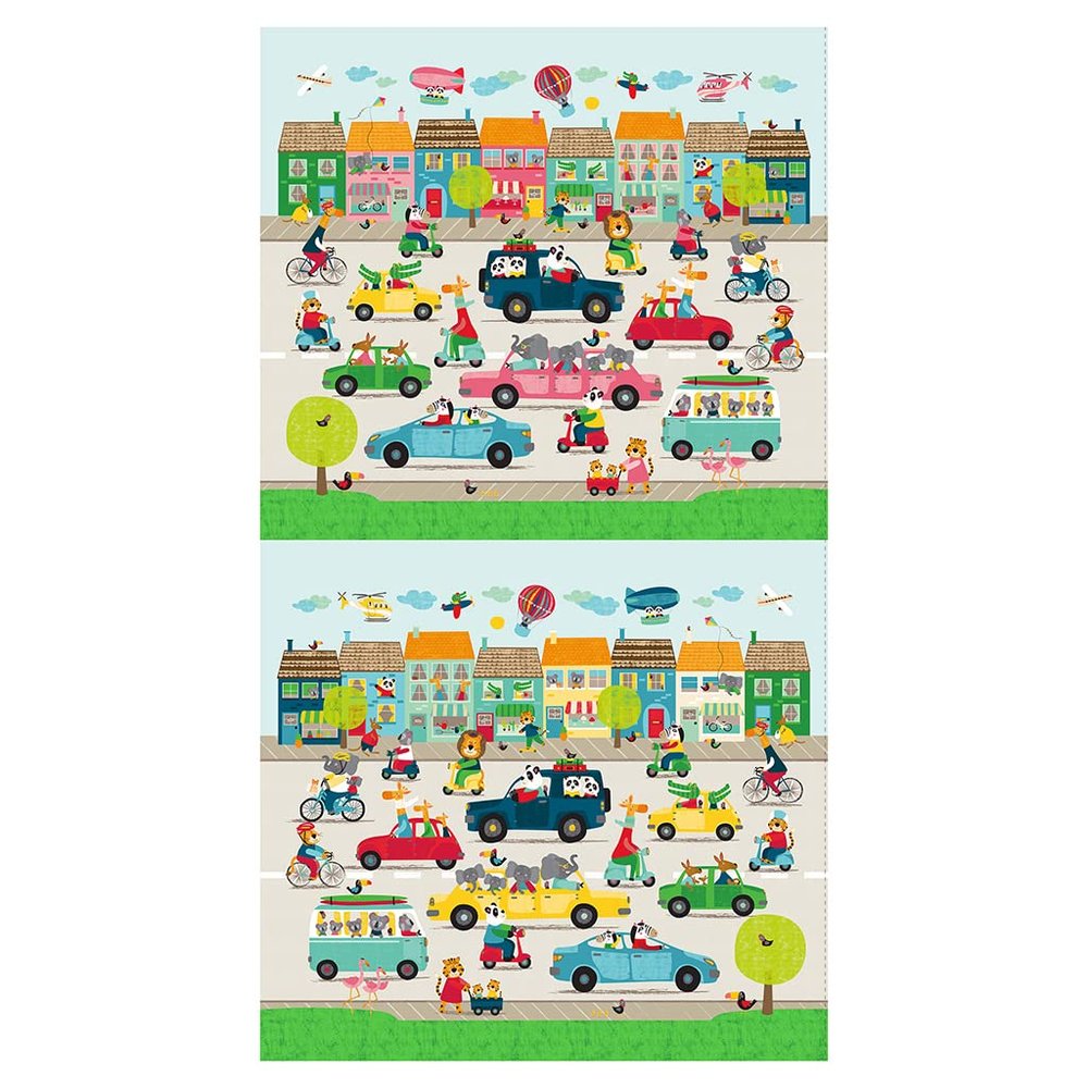 24" X 44" Panel Busy Street Animals in Cars Bicycles Scooters Skateboards Kids Multicolor Cotton Fabric Panel (D692.67)