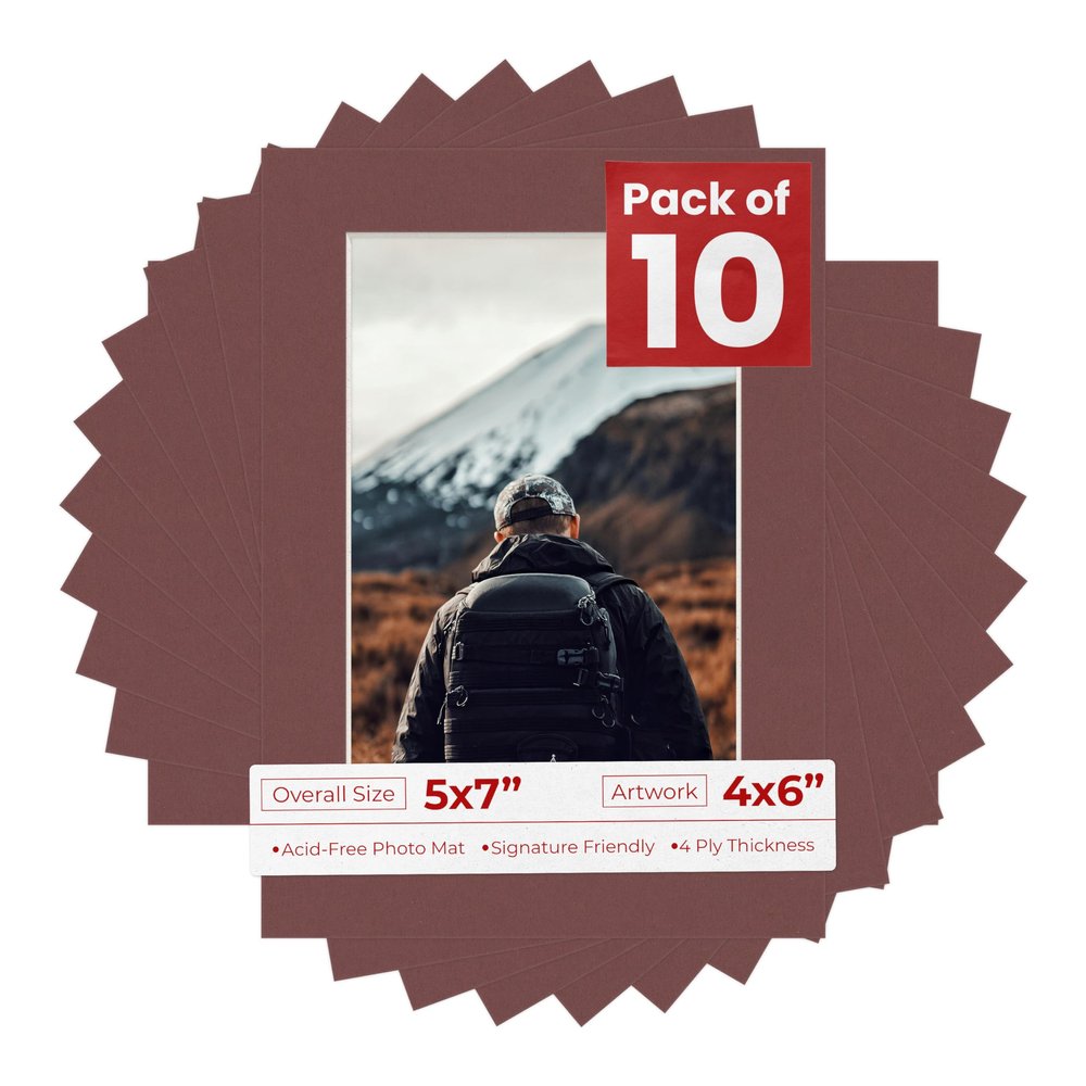 5x7 Mat for 4x6 Photo - Precut Maroon Picture Matboard for Frames Measuring 5 x 7 Inches - Bevel Cut Matte to Display Art 4 x 6 Inches - Acid Free Pack of 10 MATS with Backing Boards & Clear Bags