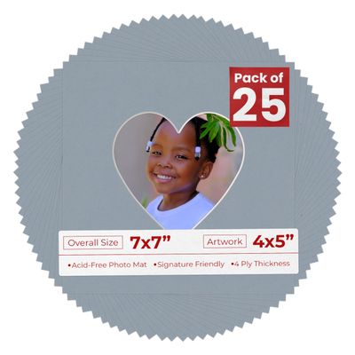 4x5 Mat For 7x7 Frame - Precut Mid Grey Heart Shaped Photo Mat Board Opening - Acid Free Matte and Bevel Cut for Family Photos, Pack of 25 Matboards Show Kit With Acid Free Backings & Clear Bags