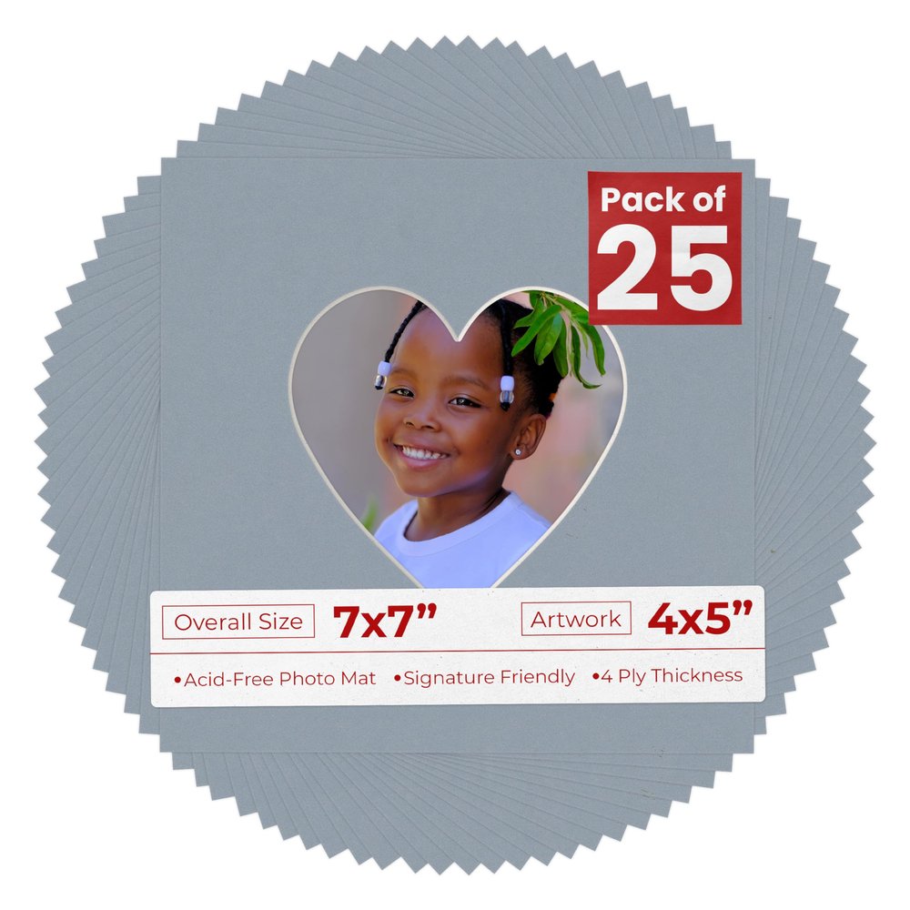 4x5 Mat For 7x7 Frame - Precut Mid Grey Heart Shaped Photo Mat Board Opening - Acid Free Matte and Bevel Cut for Family Photos, Pack of 25 Matboards Show Kit With Acid Free Backings & Clear Bags