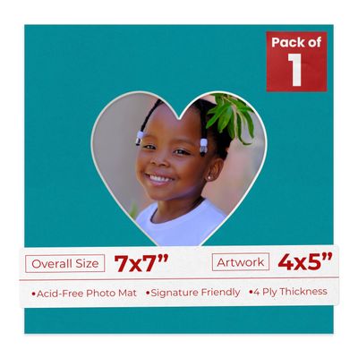 4x5 Mat for 7x7 Frame - Precut Teal Blue Heart Shaped Photo Mat Board Opening - Acid Free Matte and Bevel Cut for Family Photos, Pack of 1 Matboard Show Kit with Acid Free Backing & Clear Bag
