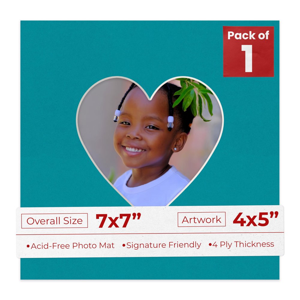 4x5 Mat for 7x7 Frame - Precut Teal Blue Heart Shaped Photo Mat Board Opening - Acid Free Matte and Bevel Cut for Family Photos, Pack of 1 Matboard Show Kit with Acid Free Backing & Clear Bag
