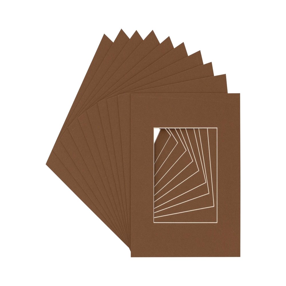 5x5 Mat For 7x7 Frame - Precut Aged Oak Brown Square Shaped Photo Mat Board Opening - Acid Free Matte Bevel Cut for Family Photos, Pack of 10 Matboards Show Kit With Acid Free Backings & Clear Bags