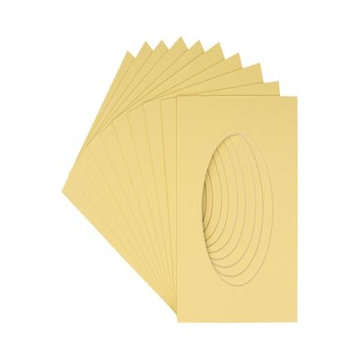 3x5 Mat For 6x7.5 Frame - Precut Soft Yellow Oval Shaped Photo Mat Board Opening - Acid Free Matte and Bevel Cut for Family Photos, Pack of 10 Matboards Show Kit With Acid Free Backings & Clear Bags