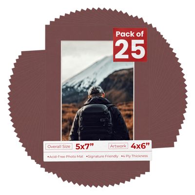 5x7 Mat for 4x6 Photo - Precut Maroon Picture Matboard for Frames Measuring 5 x 7 Inches - Bevel Cut Matte to Display Art 4 x 6 Inches - Acid Free Pack of 25 MATS with Backing Boards & Clear Bags