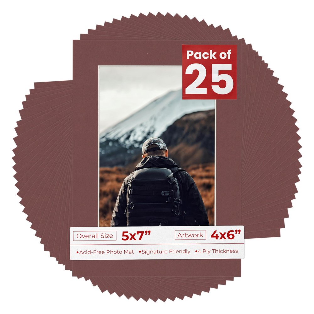5x7 Mat for 4x6 Photo - Precut Maroon Picture Matboard for Frames Measuring 5 x 7 Inches - Bevel Cut Matte to Display Art 4 x 6 Inches - Acid Free Pack of 25 MATS with Backing Boards & Clear Bags