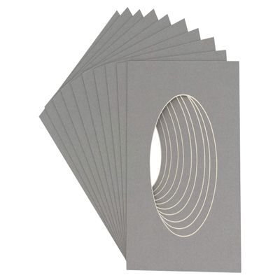 3x5 Mat For 6x7.5 Frame - Precut Mid Grey Oval Shaped Photo Mat Board Opening - Acid Free Matte and Bevel Cut for Family Photos, Pack of 25 Matboards Show Kit With Acid Free Backings & Clear Bags