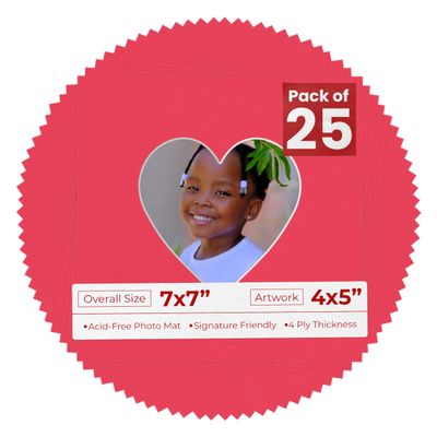 4x5 Mat for 7x7 Frame - Precut Cardinal Red Heart Shaped Photo Mat Board Opening - Acid Free Matte and Bevel Cut for Family Photos, Pack of 25 Matboards Show Kit with Acid Free Backings & Clear Bags