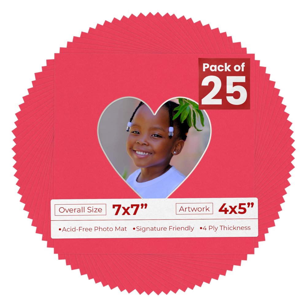 4x5 Mat for 7x7 Frame - Precut Cardinal Red Heart Shaped Photo Mat Board Opening - Acid Free Matte and Bevel Cut for Family Photos, Pack of 25 Matboards Show Kit with Acid Free Backings & Clear Bags