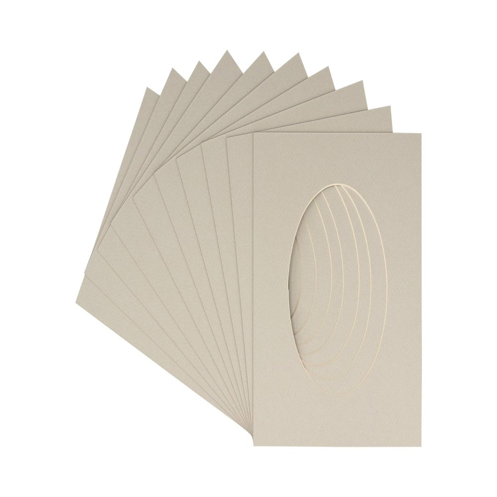 3x5 Mat For 6x7.5 Frame - Precut Grey Oval Shaped Photo Mat Board Opening - Acid Free Matte and Bevel Cut for Family Photos, Pack of 10 Matboards Show Kit With Acid Free Backings & Clear Bags