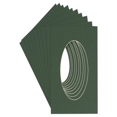 3x5 Mat For 6x7.5 Frame - Precut Hunter Green Oval Shaped Photo Mat Board Opening - Acid Free Matte and Bevel Cut for Family Photos, Pack of 10 Matboards Show Kit With Acid Free Backings & Clear Bags