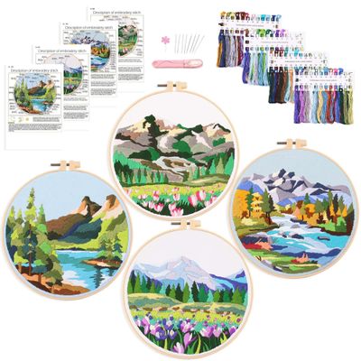 Harimau Adult Beginner Embroidery Starter Kit Natural Landscape Patterns, Complete Set with 4 Patterns, 2 Hoops, Needles, Scissors, Instruction Guide & Stitching Video Tutorials