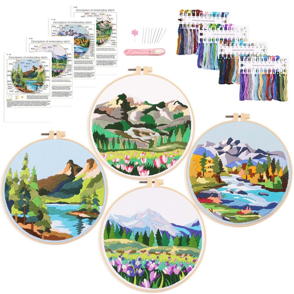 Harimau Adult Beginner Embroidery Starter Kit Natural Landscape Patterns, Complete Set with 4 Patterns, 2 Hoops, Needles, Scissors, Instruction Guide & Stitching Video Tutorials