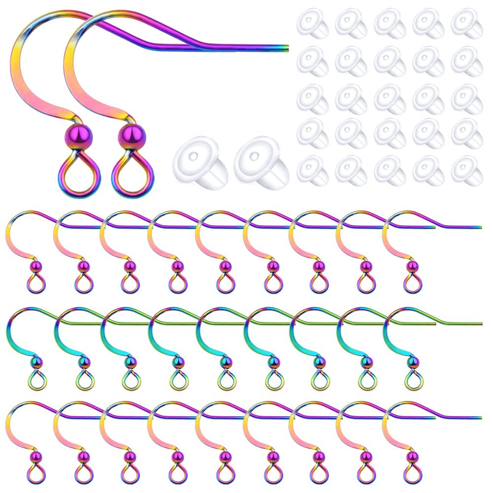 BronaGrand 50pcs Stainless Steel Earring Hooks Hypoallergenic Ear Wires Earring Fish Hooks with 50pcs Clear Silicone Earring Backs for DIY Jewelry Making(Rainbow Color)