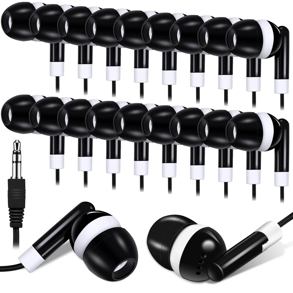 Konohan 100 Pcs Bulk Earbuds with Wire Basic Headphones in Ear for Libraries Laptop, No Microphone 3.5 mm Jack Earbuds Dot Headphones, Individually Bagged (Black)
