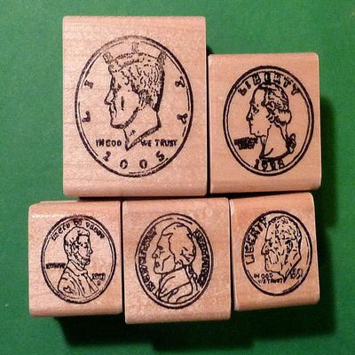 Wooden Mount Rubber Stamp for Card Making Coin Set, Fronts, Set of 5 Mounted Rubber Stamps