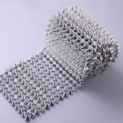 Jerler Sew Stitch on Spikes for Arts and Crafts Decoration, Mesh Rivets Studs Beads Cone Spoke Trim Punk Rock with Flat Back for Jacket, Clothing, Shoes and Performance (1 Yard, Silver)