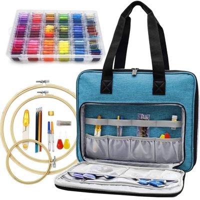 ATTERET Full Range Embroidery and Cross Stitch Starter Kit with Premium Storage Organizer Bag, Includes 99 DMC Coded Cotton Threads, 9 Metallic Floss, 3 Hoops, Needles, Scissors + More (Turquoise)