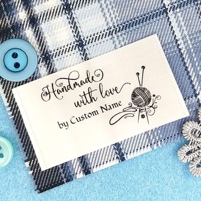 100pcs Custom Fabric Clothing Label Personalized Sewing tag Handmade with Love Ball of Yarn Design White Silky Satin Flat Sewing end fold Label sew in tag