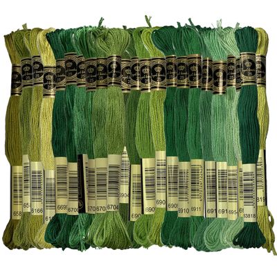 Green Colors 100% Long-Staple Cotton Embroidery Floss Pack Cross Stitch Threads, Pack of 23 Skeins