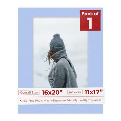 11x17 Mat for 16x20 Frame - Precut Mat Board Acid-Free Baby Blue 11x17 Photo Matte Made to Fit a 16x20 Picture Frame, Premium Matboard for Family Photos, Show Kits, Art, Picture Framing, Pack of 1 Mat