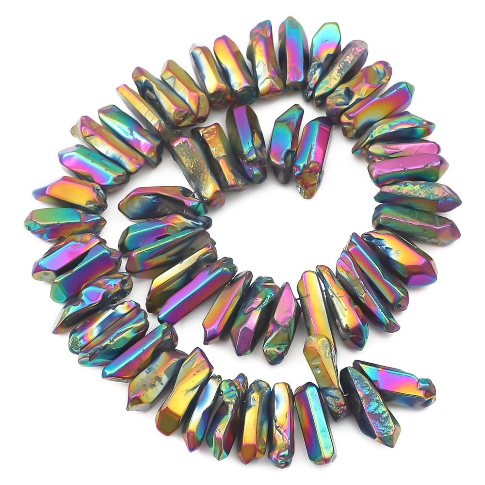 BEADIA Rainbow Titanium Coated Crystal Quartz Spike Point Stick Beads Polished 0.8"-1.2" for Jewelry Making 15 Inch/Strand