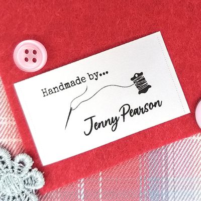 100pcs Custom Logo Sewing tag Personalized Name Fabric Clothing Label DIY Handmade Gift Needle and Thread Pattern White Silky Satin Flat sew in end fold Washable Label
