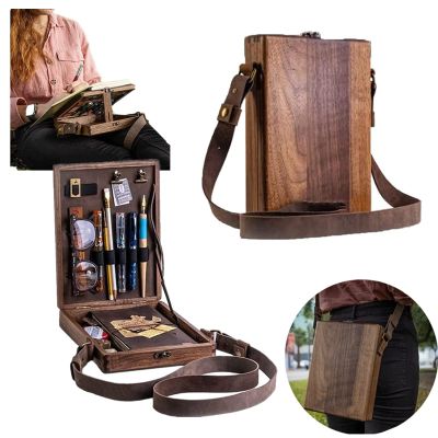 Writers Messenger Wood Box, Multifunctional Wooden Handmade Crossbody Postman Bag Portable Artist Tool Bag Painting Brush Tool Storage Sketch Box Easel for Outdoor Painting (Brown)