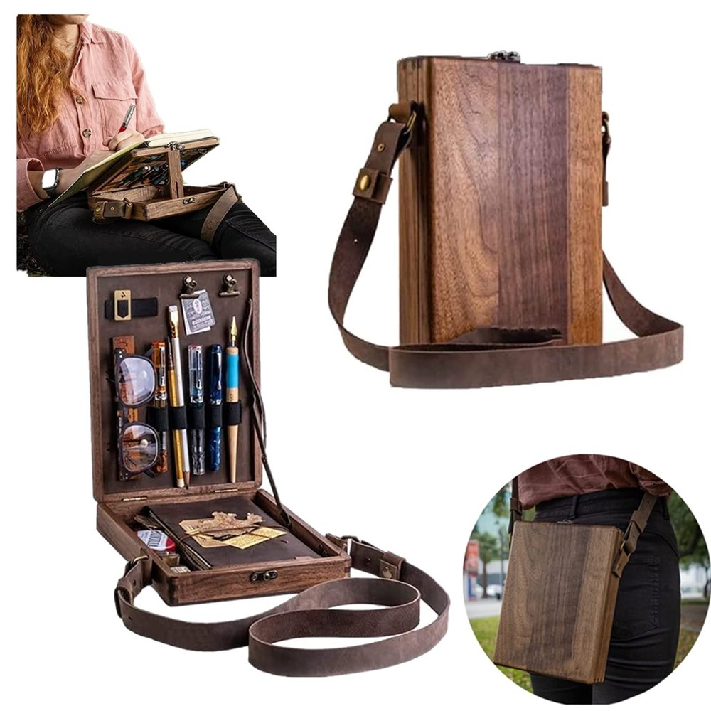 Writers Messenger Wood Box, Multifunctional Wooden Handmade Crossbody Postman Bag Portable Artist Tool Bag Painting Brush Tool Storage Sketch Box Easel for Outdoor Painting (Brown)