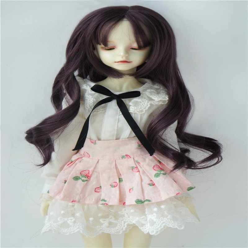 Doll Wigs JD445 7-8inch 18-20CM 1/4 MSD Long Lady Wave Thin Bangs Synthetic Mohair BJD Wigs (7-8inch, Dark Purple)