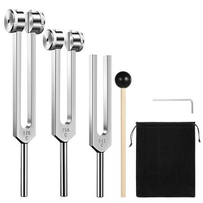 GOGHOST Tuning Forks for Healing Set 3PCS, Aluminum Fork with Mallet and Storage Bag for Chakra/Medical/Sound Therapy Instruments/Yoga/Meditation Accessories - Silver - 128Hz, 256Hz, 512Hz