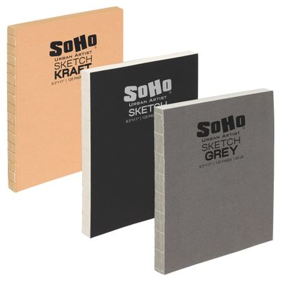 SoHo Urban Artist Open Bound Sketch Pads - Open Coptic Bound Sketch Pads for Drawing, Calligraphy, Any Dry Media, & More! - [Grey, White, & Kraft - 8.5x11-3 Pack]