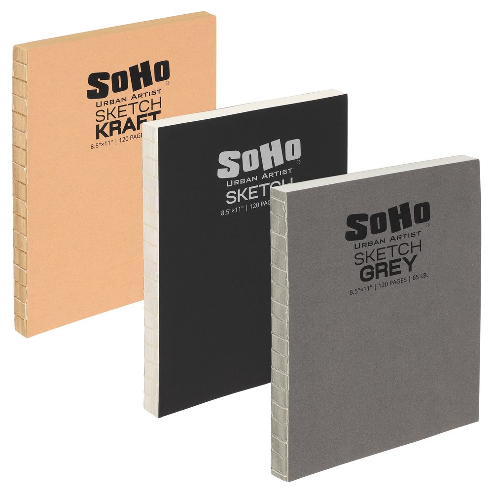 SoHo Urban Artist Open Bound Sketch Pads - Open Coptic Bound Sketch Pads for Drawing, Calligraphy, Any Dry Media, & More! - [Grey, White, & Kraft - 8.5x11-3 Pack]
