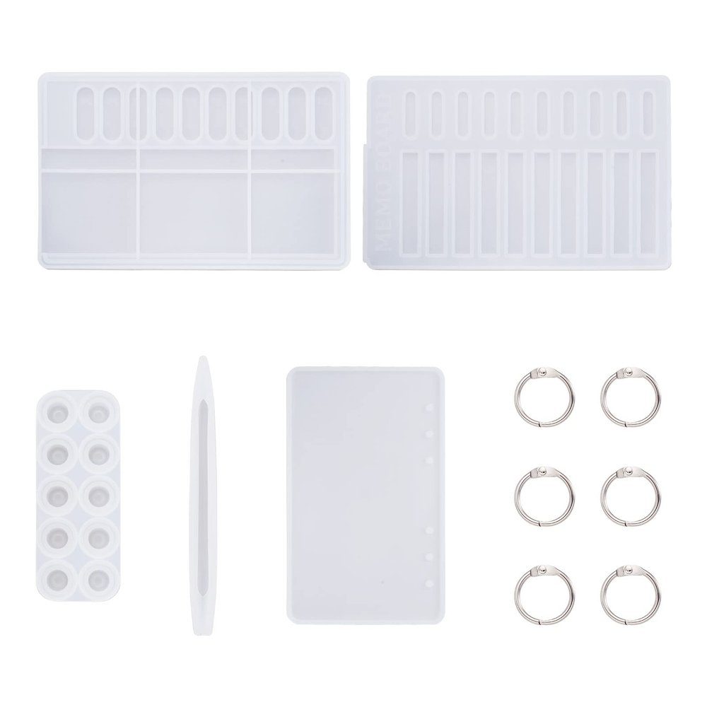 Fashewelry Memo Silicone Mold Set Including 2pcs Memo Board Resin Molds & 12pcs Sliding Button Casting Mould 1pcs Ballpoint Pen Mould & 6pcs Book Rings & 1pcs Notebook Cover for Making Check List