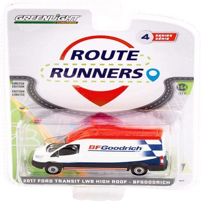 Greenlight 2017 Transit LWB High Roof Van White and Blue with Red Top Route Runners Series 4 1/64 Diecast Model Car 53040 B
