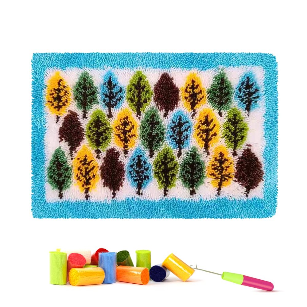 clubevy Latch Hook Kits DIY Cushion Cross Stitch Kits Embroidery for Adults Beginner DIY Needlework Rectangle Floor Desk Mat Home Decoration (Wood)