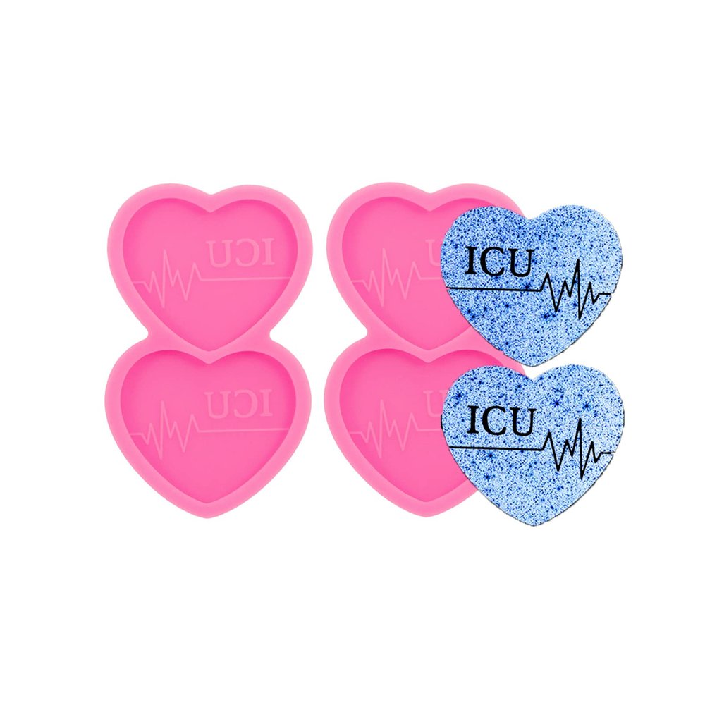 AMZTOART 2PC Silicone Resin Phone Grip Socket Molds Epoxy Heart with Heart Beat Line ICU Letters Mold DIY Casting Making for Badge Reel