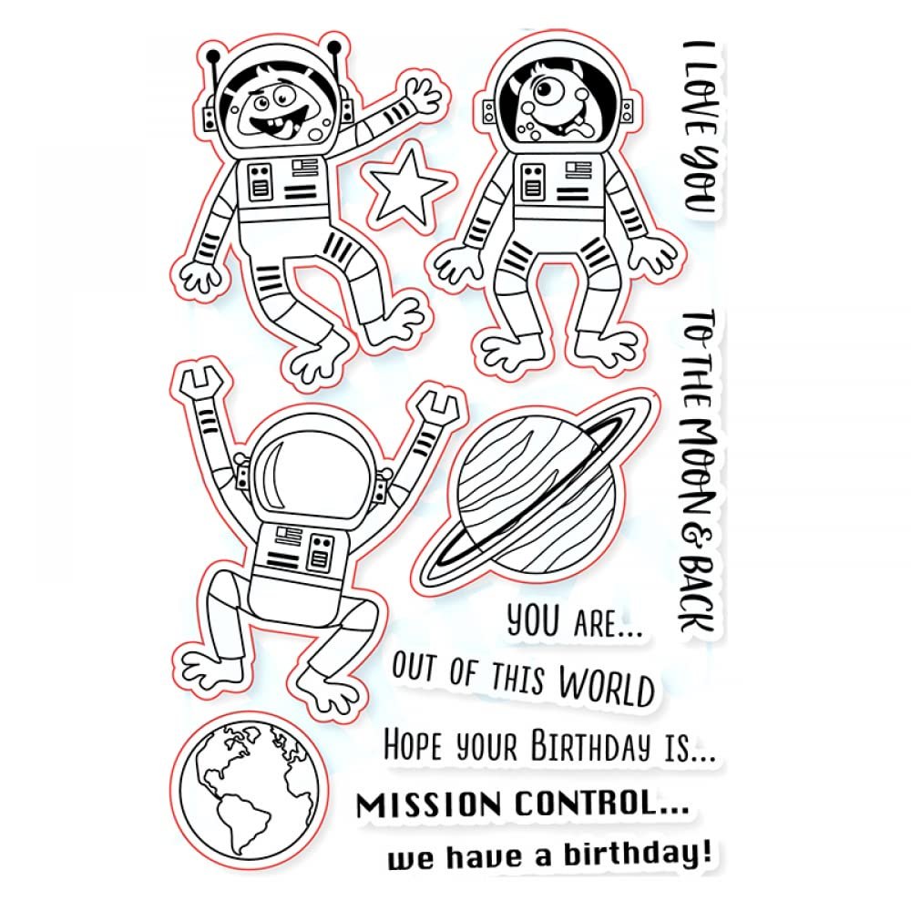 Alien Robots Planet Stars Earth Dies and Stamps Sets for Card Making DIY Scrapbooking To the Moon & Black Words Transparent Silicone Seal Stamping Stamps for Paper Crafting Arts Crafts Scrapbook Decor