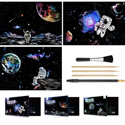 Scratch & Engraving Art Paper(16"x 11.2") for Teens & Adult, Rainbow Sketch Cosmos Astronaut Starry Sky Painting Scratchboard, Craft Kits: 3 Pack with 5 Tools - Drawing Pens, Clean Brush(Space Series)