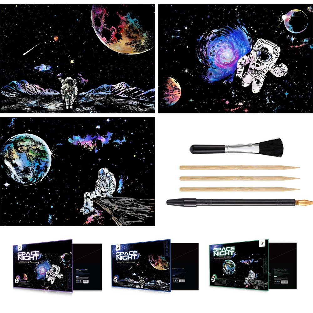 Scratch & Engraving Art Paper(16"x 11.2") for Teens & Adult, Rainbow Sketch Cosmos Astronaut Starry Sky Painting Scratchboard, Craft Kits: 3 Pack with 5 Tools - Drawing Pens, Clean Brush(Space Series)