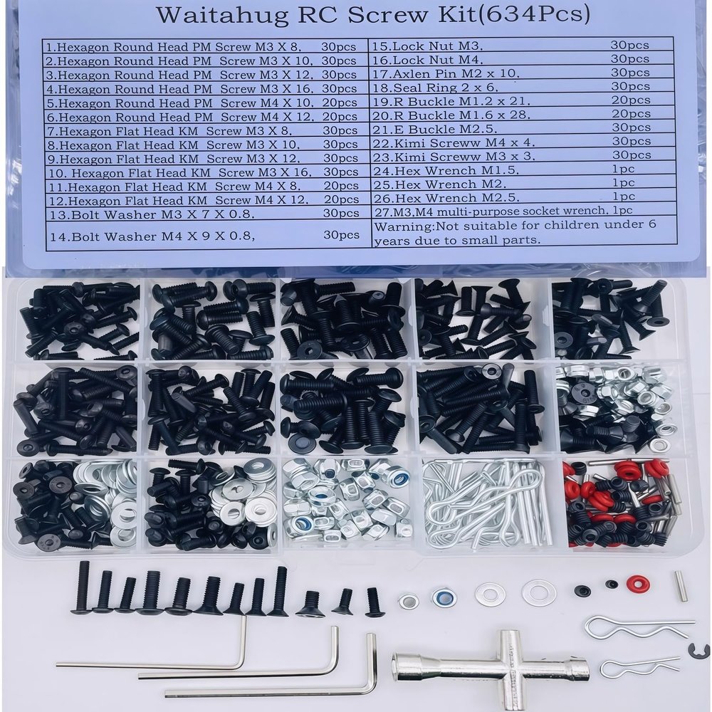 Waitahug 634pcs Universal RC Screw kitRepair Tools Compatible with Traxxas, Arrma, HPI, RC4WD, Axial, Himoto, Tamiya, Redcat, Losi, HSP, Exceed RC Remote-Controlled Vehicles, Tracked Vehicles