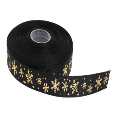 DXEUD Gold Printing Snowflake Grosgrain Ribbon 25 Yard Each Roll 100% Polyester Woven Edge (5/8", Black)