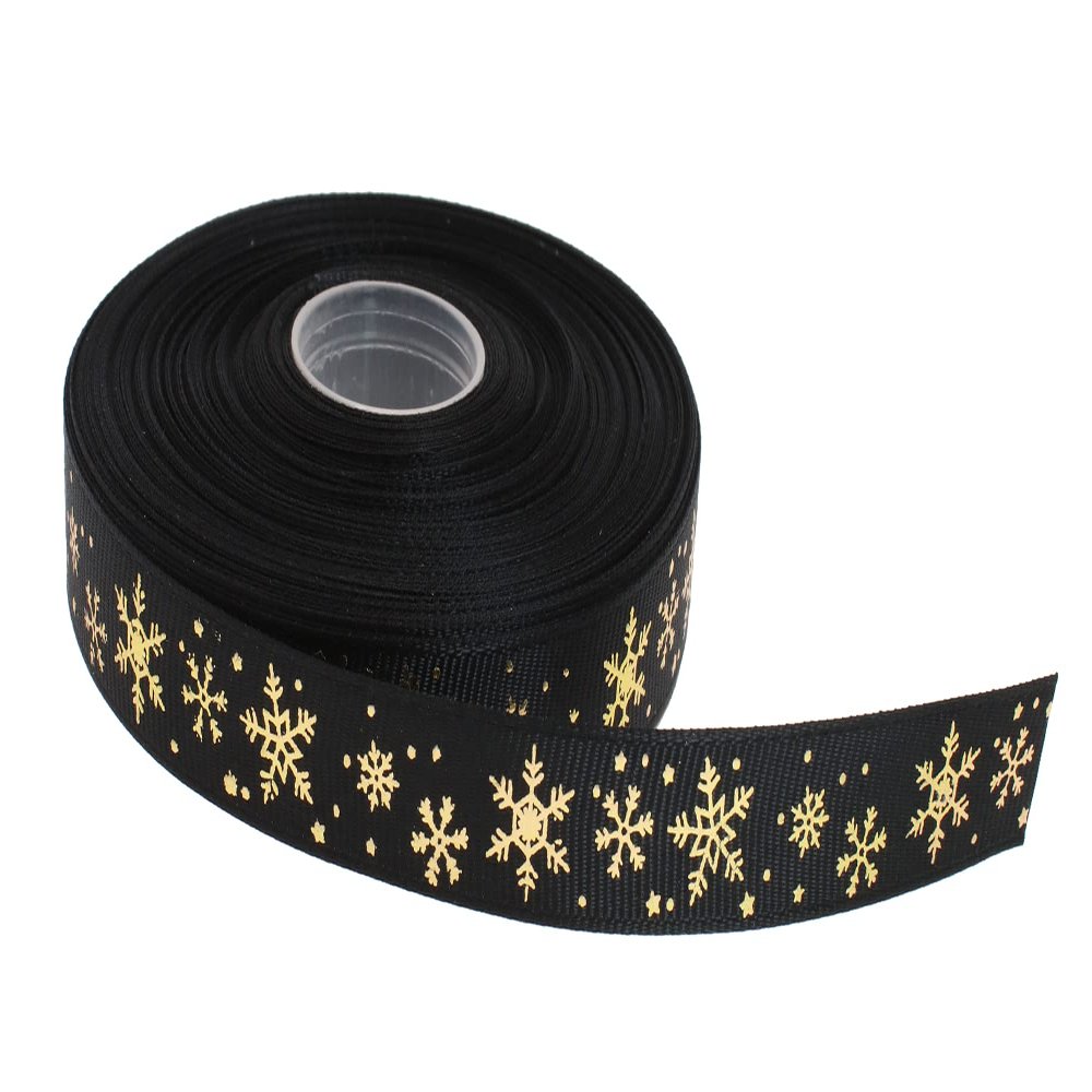 DXEUD Gold Printing Snowflake Grosgrain Ribbon 25 Yard Each Roll 100% Polyester Woven Edge (5/8", Black)